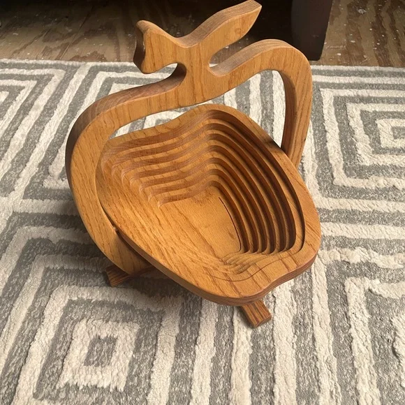 Apple Shaped Folding Collapsible Wooden Basket Fruit Bowl Trivet Farmhouse - Picture 2 of 3